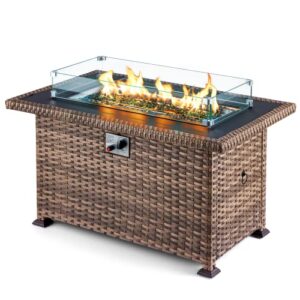 gyutei propane fire pit table 50 inch gas fire pit table 50,000 btu with glass wind guard auto-ignition with csa certification waterproof cover fire pit for outdoor(light brown) (light brown)