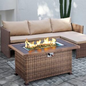 GYUTEI Propane Fire Pit Table 50 Inch Gas Fire Pit Table 50,000 BTU with Glass Wind Guard Auto-Ignition with CSA Certification Waterproof Cover Fire Pit for Outdoor(Light Brown) (Light Brown)