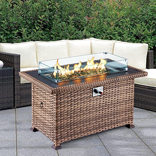 GYUTEI Propane Fire Pit Table 50 Inch Gas Fire Pit Table 50,000 BTU with Glass Wind Guard Auto-Ignition with CSA Certification Waterproof Cover Fire Pit for Outdoor(Light Brown) (Light Brown)