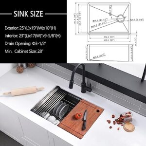 25 Inch Undermount Workstation Kitchen Sink, Gabhar Black Stainless Steel Kitchen Sink with Offset Drain