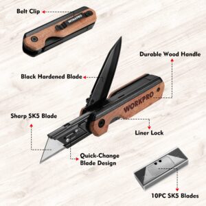 WORKPRO 2-in-1 Folding Knife/Utility Knife, Quick-Change Box Cutter with Belt Clip and Liner Lock, Extra 10 SK5 Blades Included