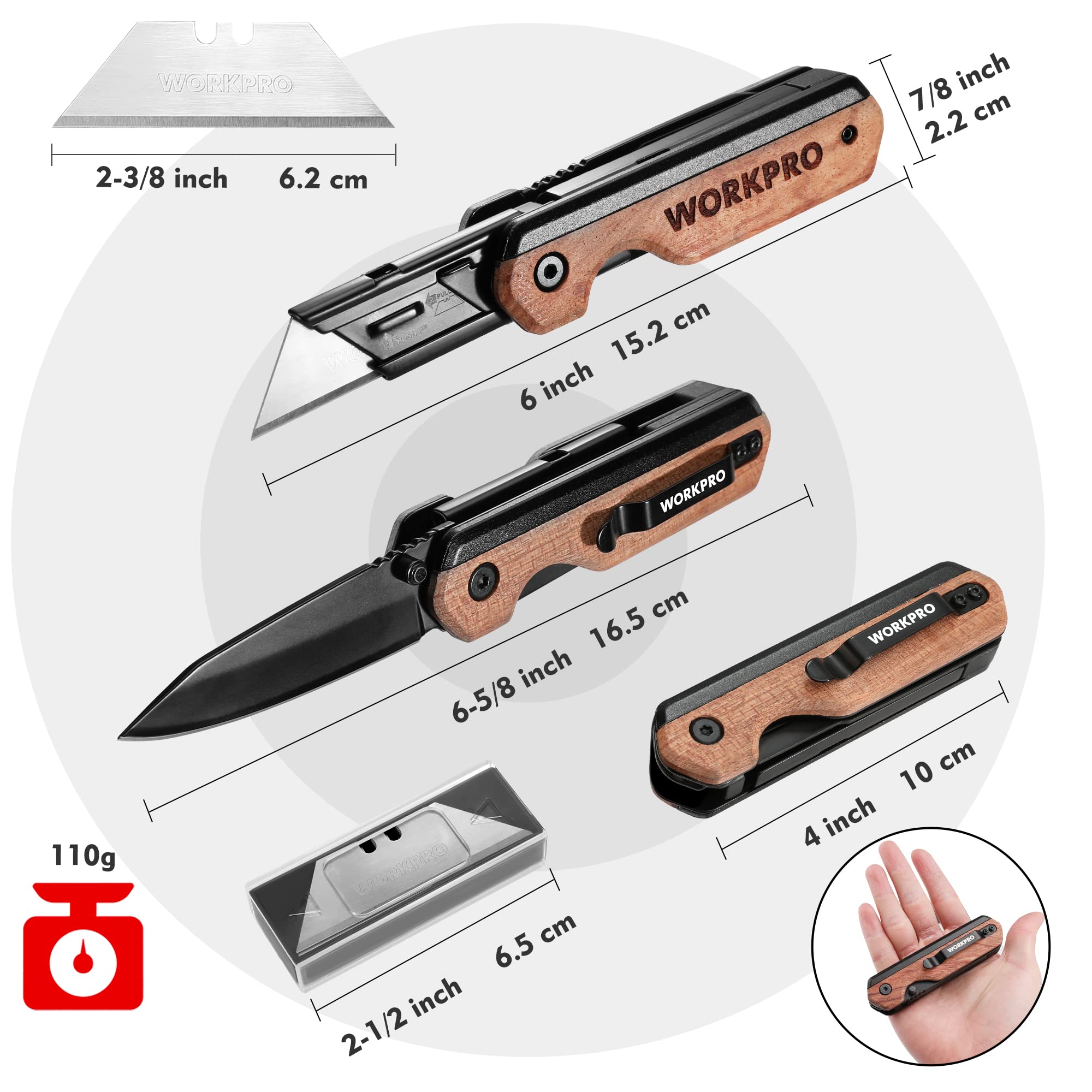 WORKPRO 2-in-1 Folding Knife/Utility Knife, Quick-Change Box Cutter with Belt Clip and Liner Lock, Extra 10 SK5 Blades Included