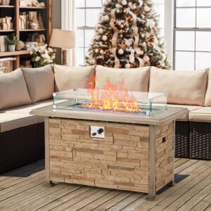 vicluke 44 inch aluminum propane fire pit table w/faux ledgestone, hand-painted table top, 50,000 btu fire table w/csa certification,wind guard,waterproof cover for outdoor,patio,christmas(brown)