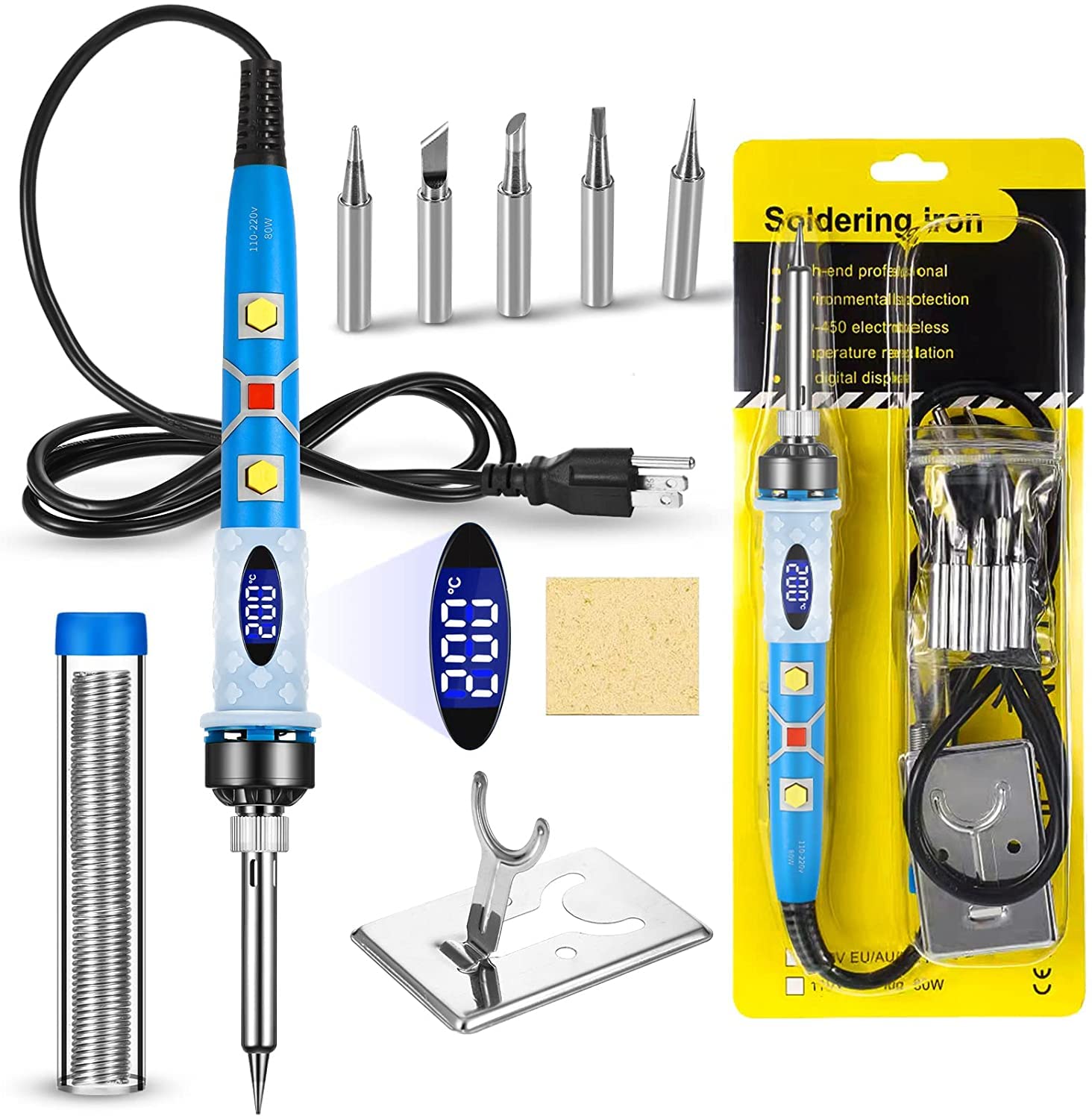 Electronics Soldering Iron Kit - 80W Digital LCD Solder Gun with ON/OFF Switch Adjustable Temperature Controlled and Fast Heating Thermostatic Design Welding Tool