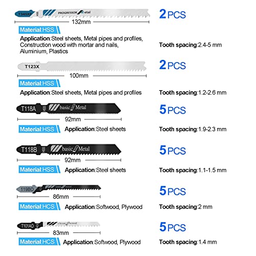 64 Pcs Jigsaw Blades Set for Wood, Plastic and Metal Cutting, 12 Types T-Shank, Compatible with Bosch, DEWALT, Black and Decker and More