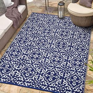 homeideas outdoor rug, waterproof patio plastic straw rugs, rv reversible camping mat, portable area rugs for outdoors, camping, picnic, beach, backyard, deck, trailer, navy blue & white, 5' x 8'