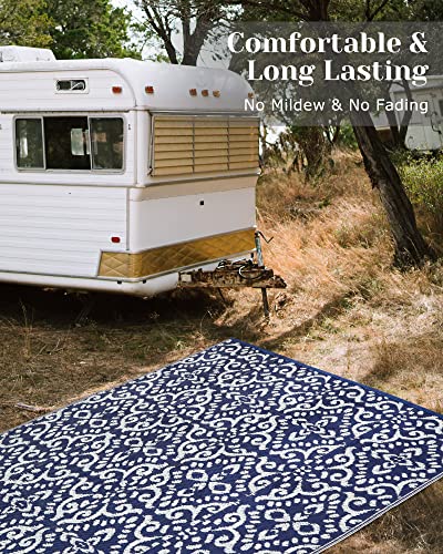 HOMEIDEAS Outdoor Rug, Waterproof Patio Plastic Straw Rugs, RV Reversible Camping Mat, Portable Area Rugs for Outdoors, Camping, Picnic, Beach, Backyard, Deck, Trailer, Navy Blue & White, 5' x 8'