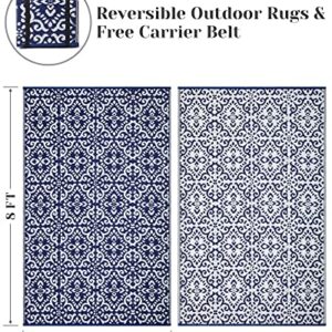 HOMEIDEAS Outdoor Rug, Waterproof Patio Plastic Straw Rugs, RV Reversible Camping Mat, Portable Area Rugs for Outdoors, Camping, Picnic, Beach, Backyard, Deck, Trailer, Navy Blue & White, 5' x 8'