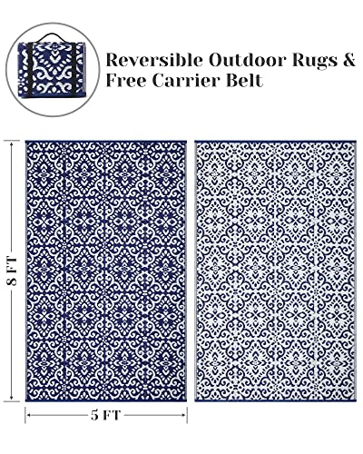 HOMEIDEAS Outdoor Rug, Waterproof Patio Plastic Straw Rugs, RV Reversible Camping Mat, Portable Area Rugs for Outdoors, Camping, Picnic, Beach, Backyard, Deck, Trailer, Navy Blue & White, 5' x 8'