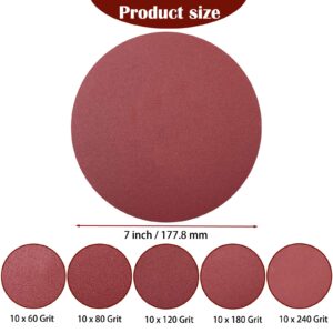 Tonmp 50 PCS 7 Inch Hook-and-Loop Sanding Discs Sandpaper - 10 pcs Each of 60 80 120 180 240 Grits Sander Paper for for Random Orbit Drywall Sander