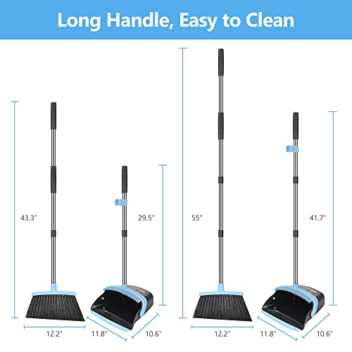 Folews Broom and Dustpan Set Heavy Duty, 55 Inch Long Handle Broom and Dust Pan Commercial Large Broom with Dustpan Combo Set Upright Dustpan Broom for Lobby Home Kitchen Outdoor Indoor - Blue