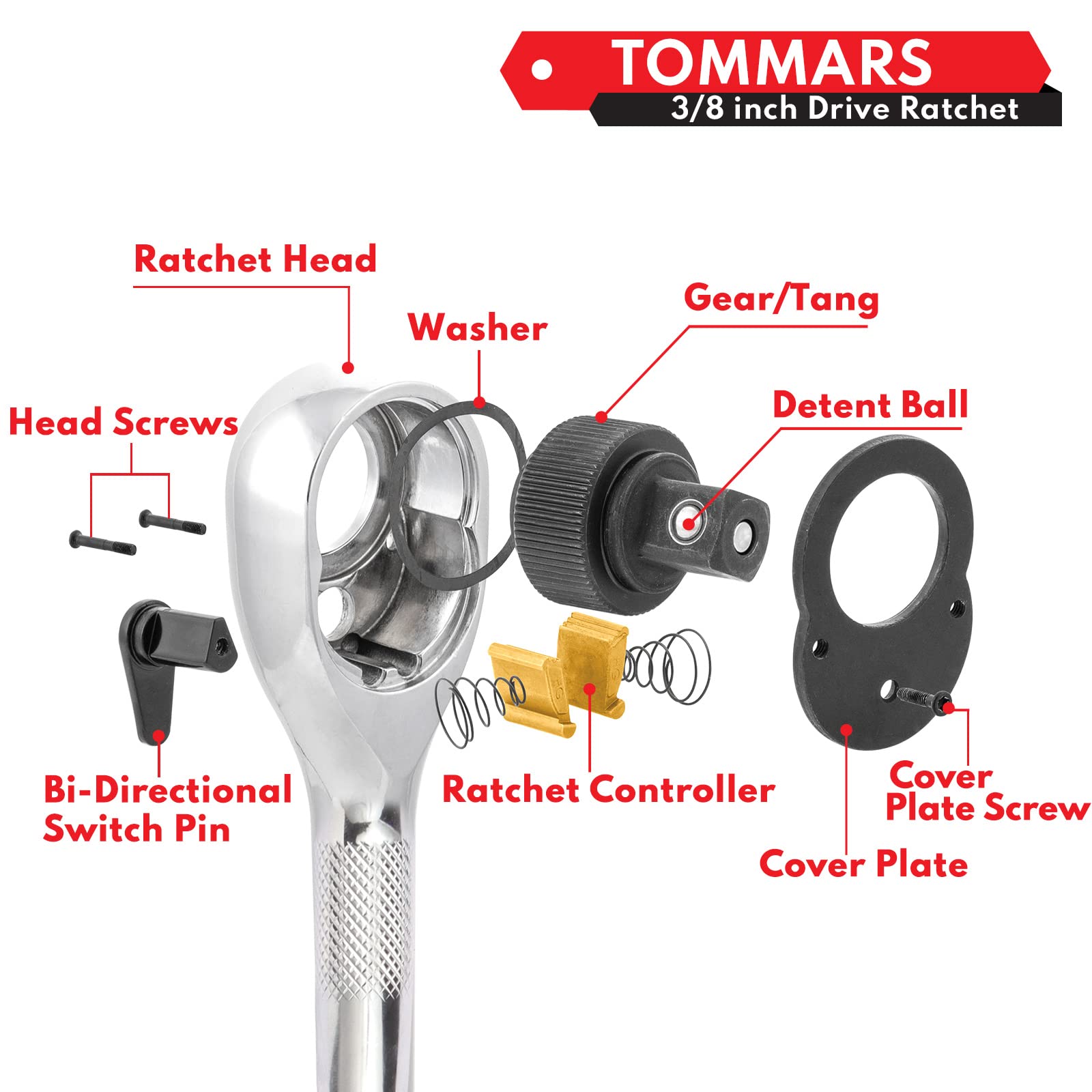 TOMMARS 3/8-Inch Drive Stubby Ratchet Mini Ratchet Quick-Release Head 72-Tooth