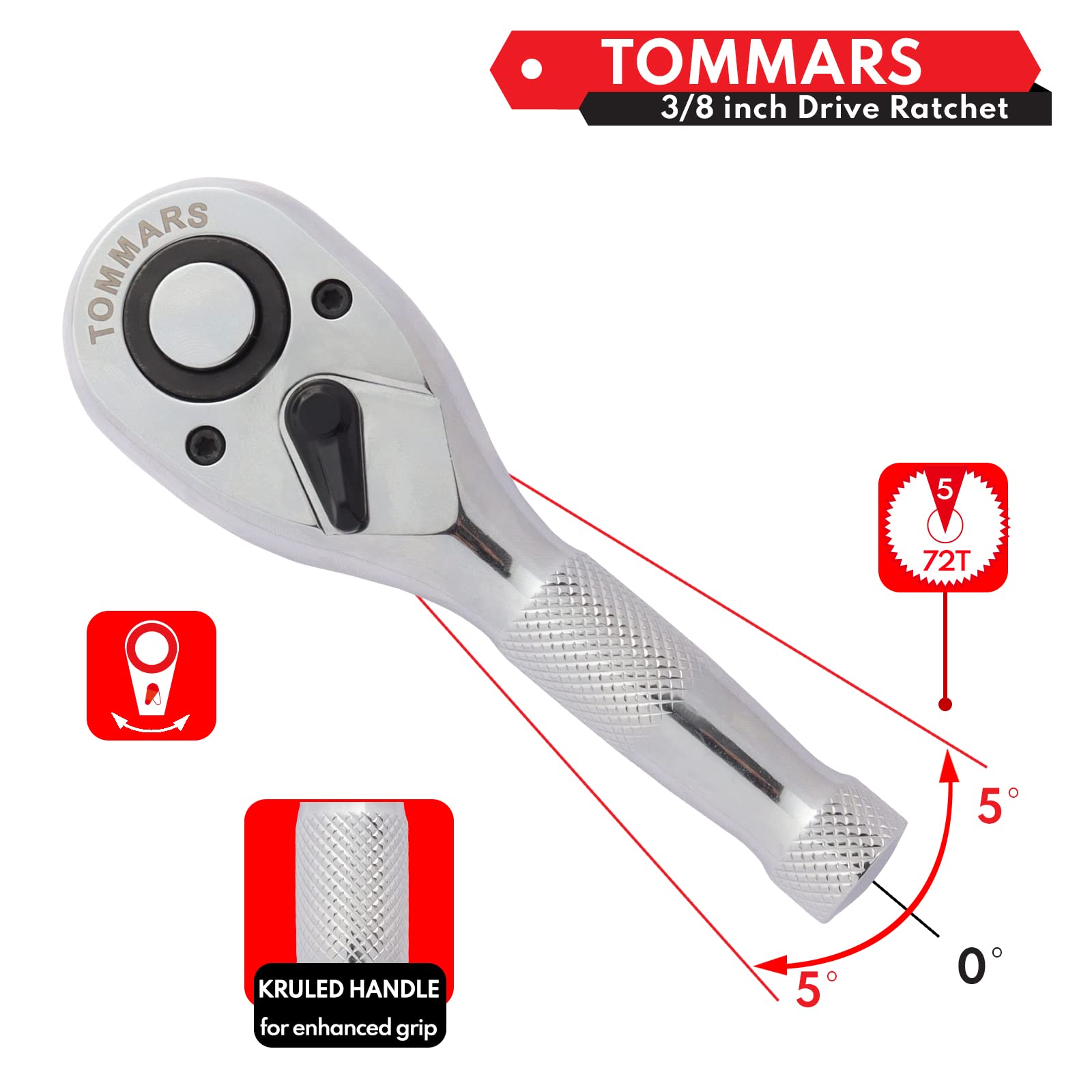 TOMMARS 3/8-Inch Drive Stubby Ratchet Mini Ratchet Quick-Release Head 72-Tooth