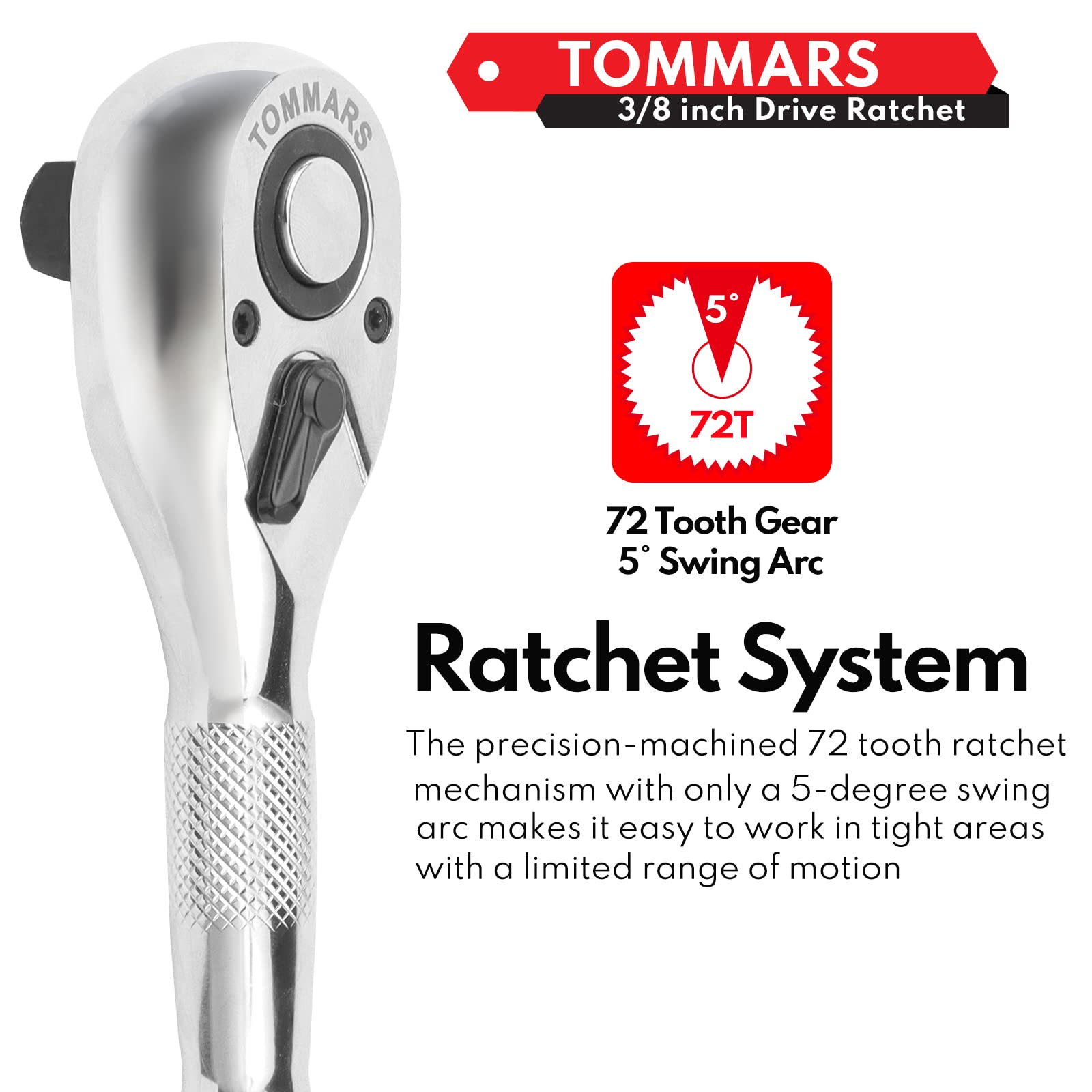 TOMMARS 3/8-Inch Drive Stubby Ratchet Mini Ratchet Quick-Release Head 72-Tooth