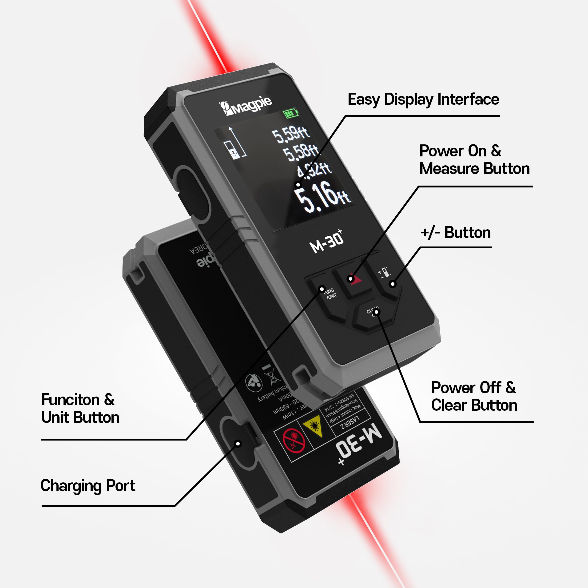 Compact Laser Measurement Tool, MAGPIE M-30+ 98ft/30m Small Laser Distance Meter, Rechargeable Laser Measure for Fast, Precise Results (‎Space Gray)