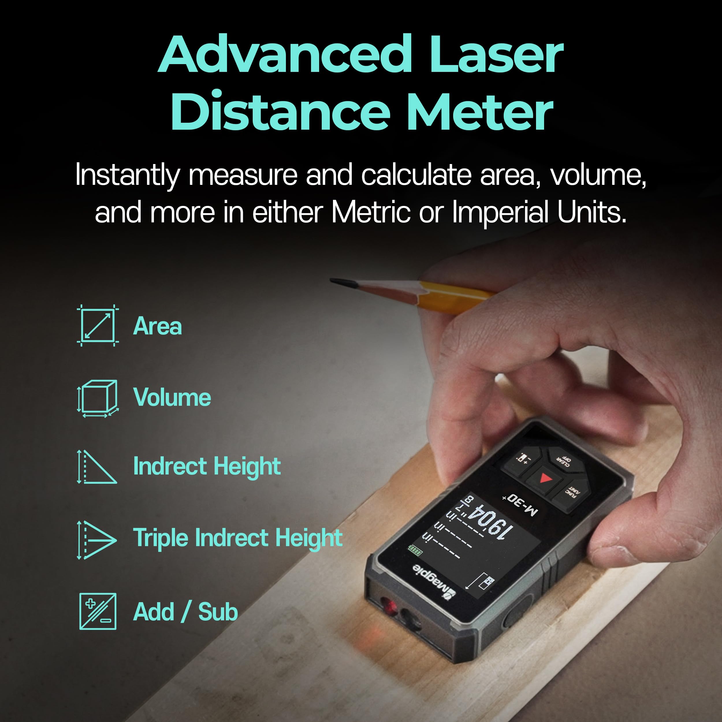 Compact Laser Measurement Tool, MAGPIE M-30+ 98ft/30m Small Laser Distance Meter, Rechargeable Laser Measure for Fast, Precise Results (‎Space Gray)