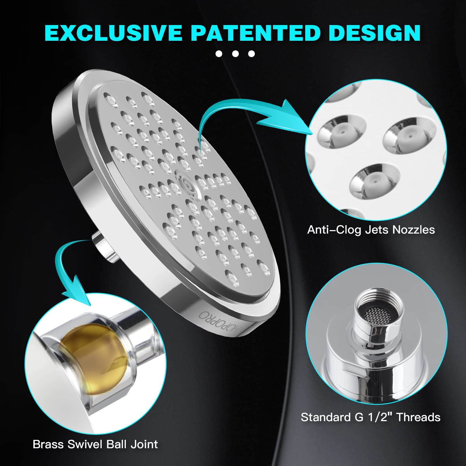 HOPOPRO High Flow Shower Head - High Pressure Rain - 7 Inch Rainfall Spray Shower Head - Tool-less 1-Min Installation - Adjustable Bathroom Shower Head Replacement with Luxury Modern Chrome Look