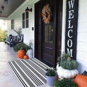 black and white striped outdoor rug front porch rug 27.5"x43" cotton hand-woven welcome mats layered door mats for front porch/entryway/laundry room/bedroom/outdoor (27.5"x43")