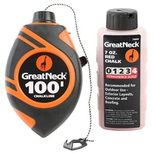 great neck 74602 6 to 1 chalk reel with red chalk, retractable chalk line and chalk refill bottle, plumb line chalk kit, straight line tool