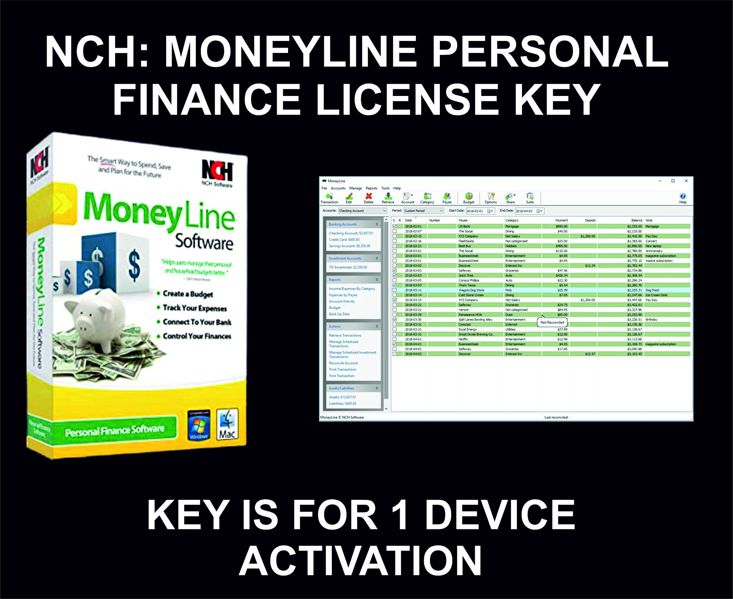 MoneyLine Personal Finance Software, Key, For 1 Device Activation