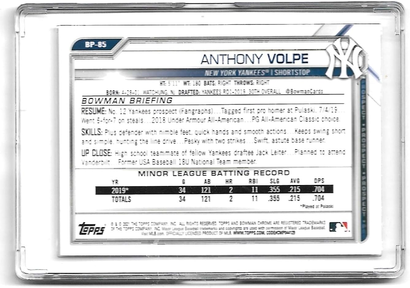 2021 Bowman Prospects #BP-85 Anthony Volpe New York Yankees Baseball NM-MT