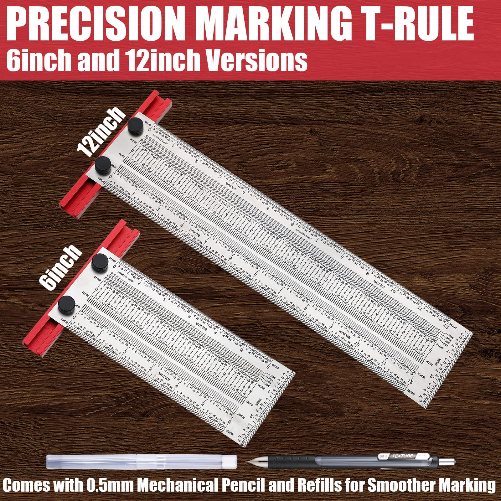 4 Pieces Precision Marking T Rule Set T Square Precision Marking T Rule Includes Compatible Pencil with 0.3 mm Mechanical Pencil Refill for Woodworking(6 Inch, 12 Inch)