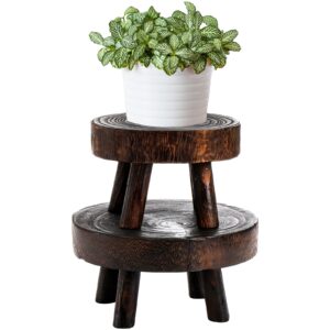 topzea set of 2 mini wooden stool display stand, wood riser for bonsai, flower pot, small potted plant stands round rustic planter stools pedestal risers for garden, patio, home