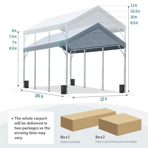 ADVANCE OUTDOOR 12x20 ft Heavy Duty Carport Car Canopy Garage Boat Shelter Party Tent, Adjustable Peak Height from 9.5ft to 11ft, Silver Gray