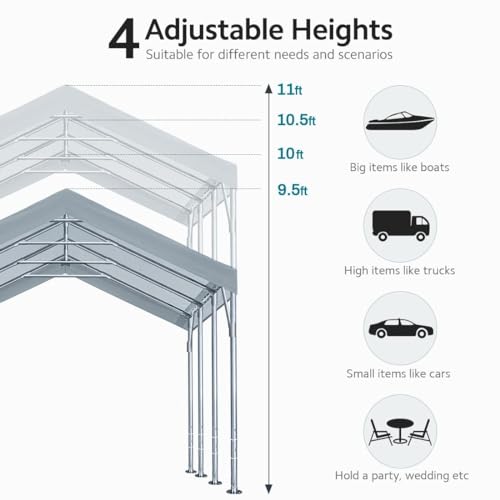 ADVANCE OUTDOOR 12x20 ft Heavy Duty Carport Car Canopy Garage Boat Shelter Party Tent, Adjustable Peak Height from 9.5ft to 11ft, Silver Gray