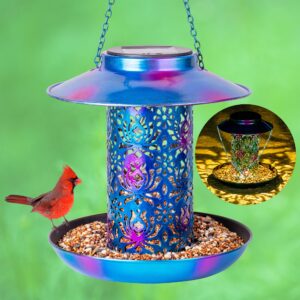 ottsuls solar bird feeder for outdoors hanging, metal wild cardinals garden lantern with s hook, weatherproof and water resistant birdfeeders as gift idea for bird lovers (blue)