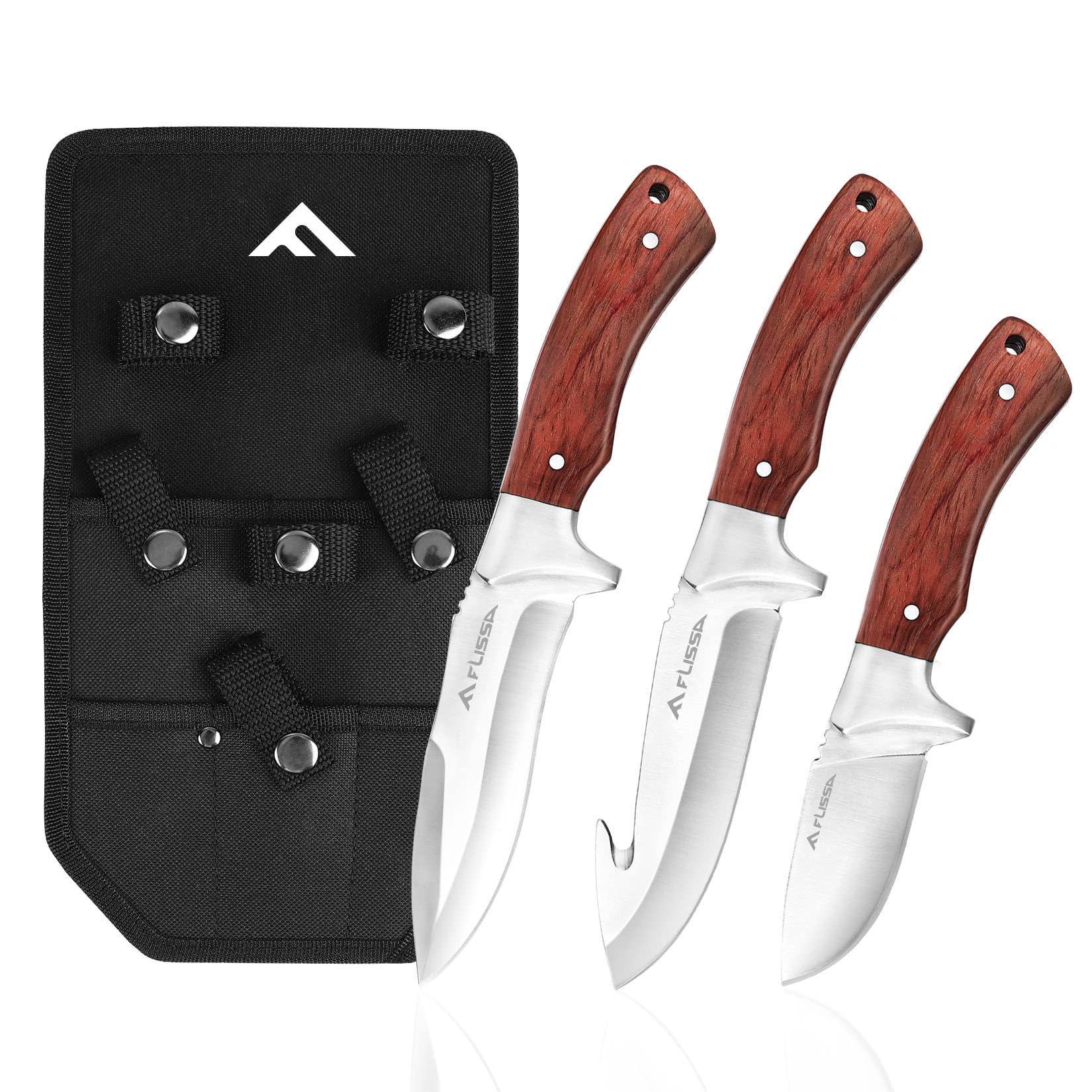 FLISSA Hunting Knife Set, Full Tang Hunting Knife with Sheath, 3-Pieces Fixed Blade Knife, Hunting Survival Knives For Outdoor, Camping, Bushcraft