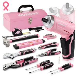 workpro 75-piece pink tools set, 3.7v rotatable cordless screwdriver and household tool kit, basic tool set with 13'' portable steel tool box for home, garage, apartment, dorm, new house - pink ribbon