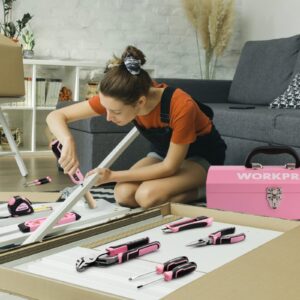 WORKPRO 75-Piece Pink Tools Set, 3.7V Rotatable Cordless Screwdriver and Household Tool Kit, Basic Tool Set with 13'' Portable Steel Tool Box for Home, Garage, Apartment, Dorm, New House - Pink Ribbon
