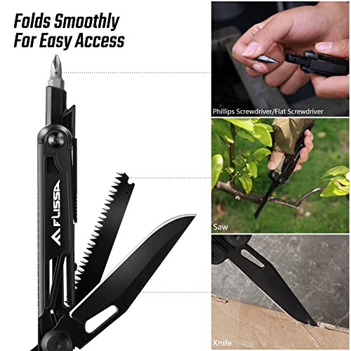 Flissa Multitool, 16-in-1 Multitool Pliers, Folding Pocket Tool with Sheath, Bottle Opener, Pocket Knife, Screwdriver, Multitools for Outdoor, Handwork, Home, Hunting, Camping