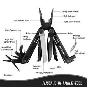 Flissa Multitool, 16-in-1 Multitool Pliers, Folding Pocket Tool with Sheath, Bottle Opener, Pocket Knife, Screwdriver, Multitools for Outdoor, Handwork, Home, Hunting, Camping