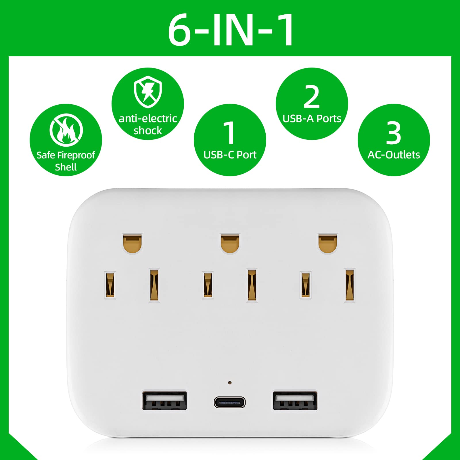 3 Prong Outlet Surge Protector Adapter With USB Port Type-C Multi Plug Wall Outlet Expander for Home, Office, Portable in Travel