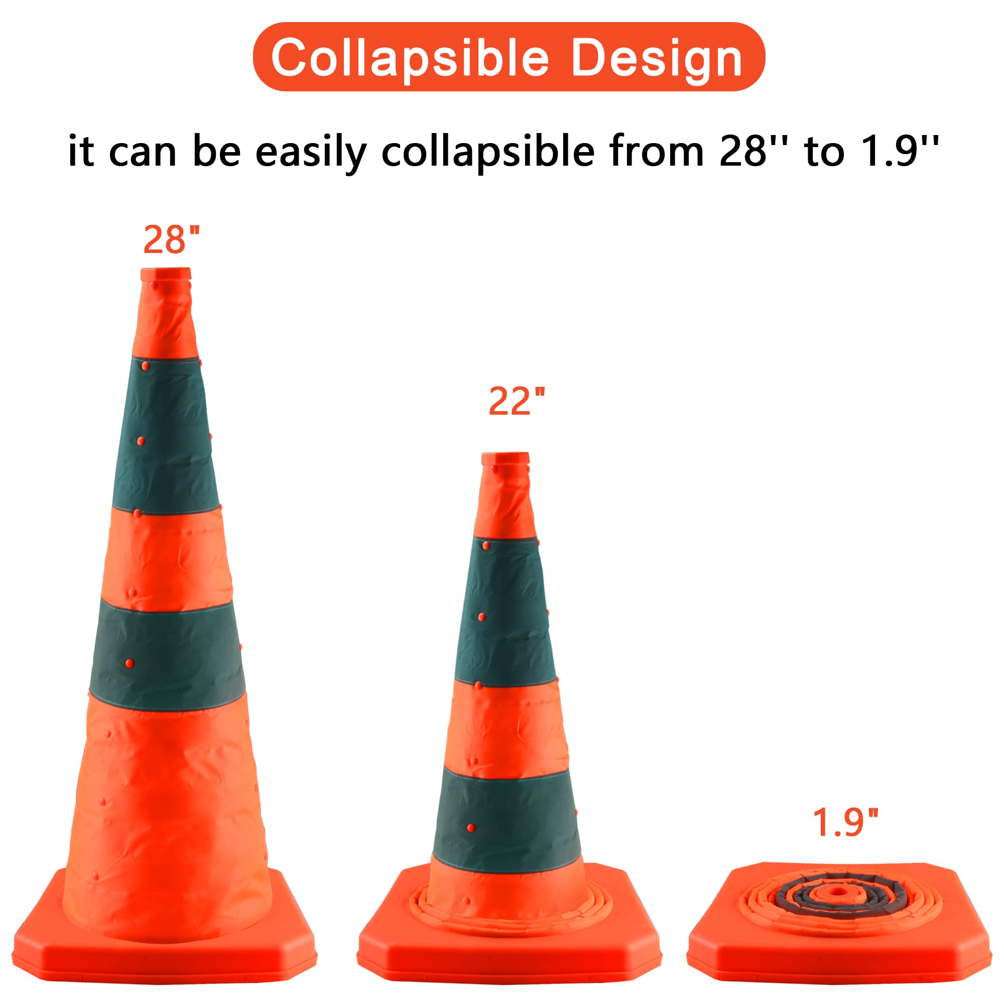 28 inch Collapsible Traffic Cones, 2 Pack Parking Cones| Safety Cones| Road Cones, Orange Cones with Reflective Collars, Pop up Construction Cones for Parking Lot & Driving Practice