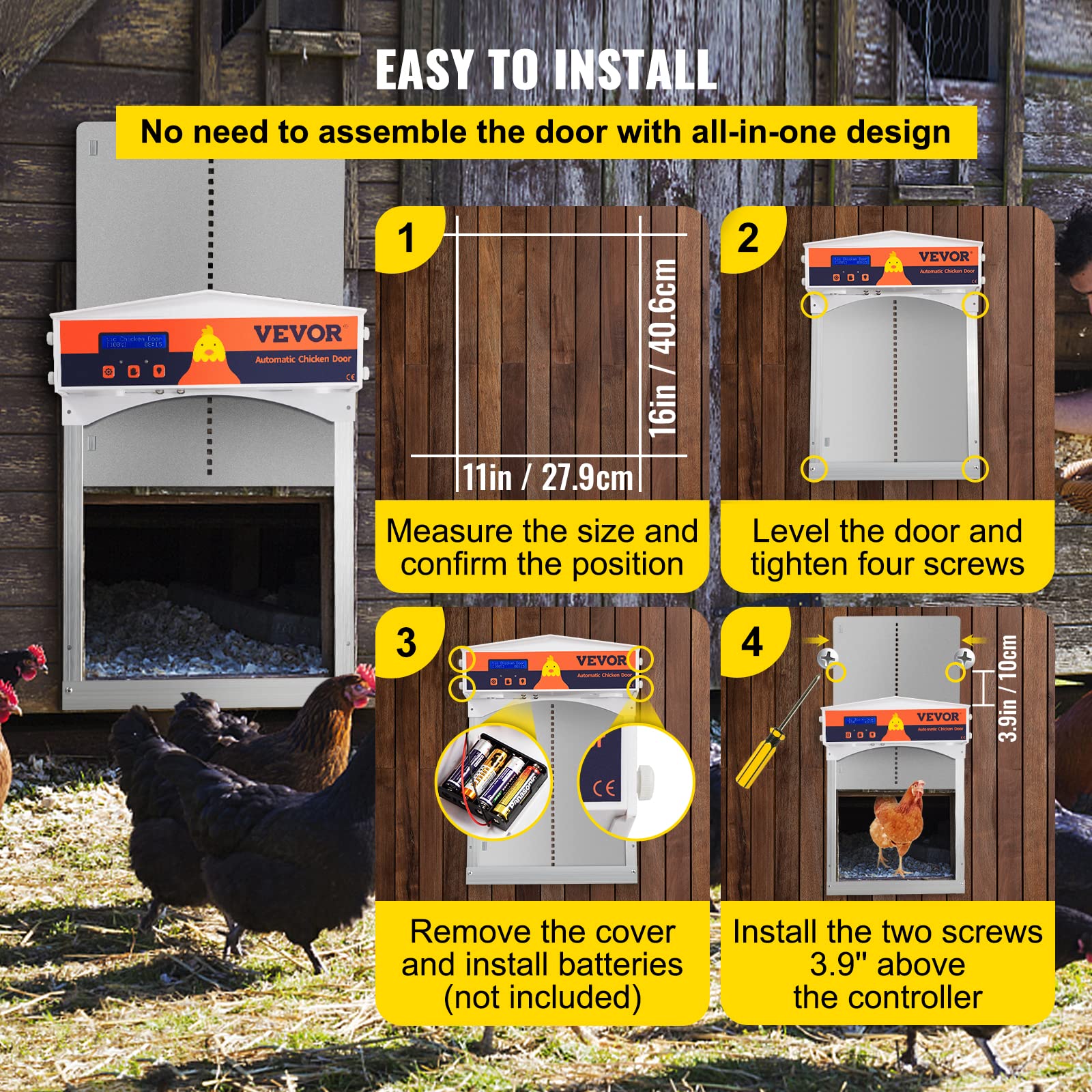 VEVOR Automatic Chicken Coop Door Chicken Door with Timer and Light Sensor Battery Powered Auto Door Opener of Full Aluminum Predator-Proof for Chicken Duck with Protection Mode Gray