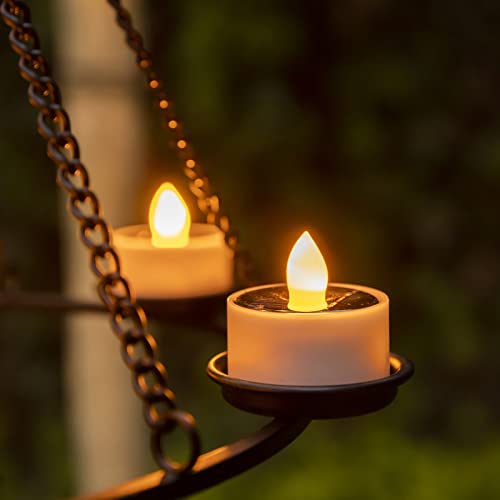 Solar Hanging Lantern, Outdoor Candle Chandelier with 8pcs Solar Powered Tea Lights in Matt Black Finished Metal Candle Holders Perfect for Home, Garden, Backyard, Pergola, Gazebo, Tree, Window Decor