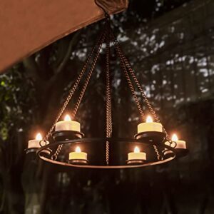 solar hanging lantern, outdoor candle chandelier with 8pcs solar powered tea lights in matt black finished metal candle holders perfect for home, garden, backyard, pergola, gazebo, tree, window decor