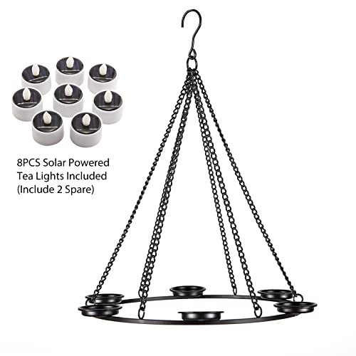 Solar Hanging Lantern, Outdoor Candle Chandelier with 8pcs Solar Powered Tea Lights in Matt Black Finished Metal Candle Holders Perfect for Home, Garden, Backyard, Pergola, Gazebo, Tree, Window Decor