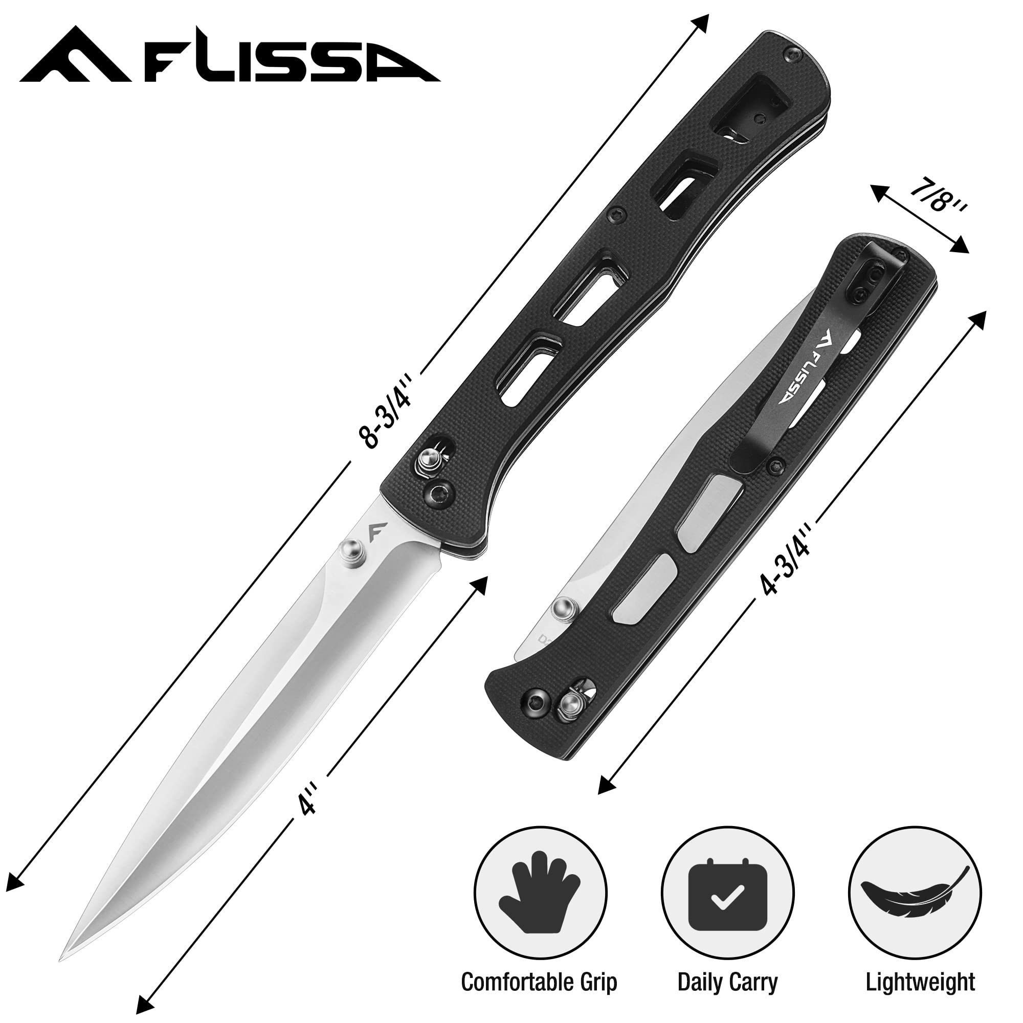 FLISSA Folding Pocket Knife, 4-inch D2 Blade with Thumb Stud, Axis Lock, G10 Handle, EDC Knife for Hiking, Camping, Survival, Outdoor