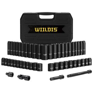 wiildis 3/8" drive impact socket set, 48 piece standard sae and metric sizes (5/16 inch to 3/4 inch and 8-22mm), 6 point, cr-v steel mechanic socket set, gift for dad men father husband