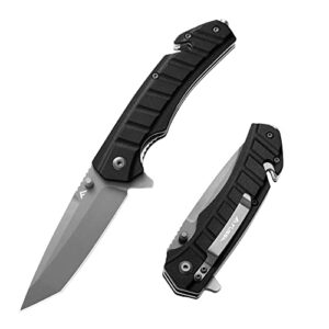 flissa folding pocket knife, tactical knife with liner lock, tanto blade, pocket clip, glass breaker, seatbelt cutter, perfect for hunting, camping, survival