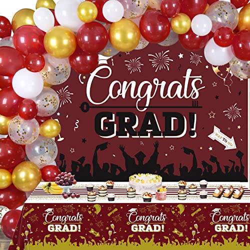 Graduation Decorations for Class of 2023, 80Pcs Graduation Balloons+ 1Pcs Graduation Backdrop Banner+ 2Pcs Graduation Tablecloth Kit for College High School Middle School Graduation Decor- Maroon