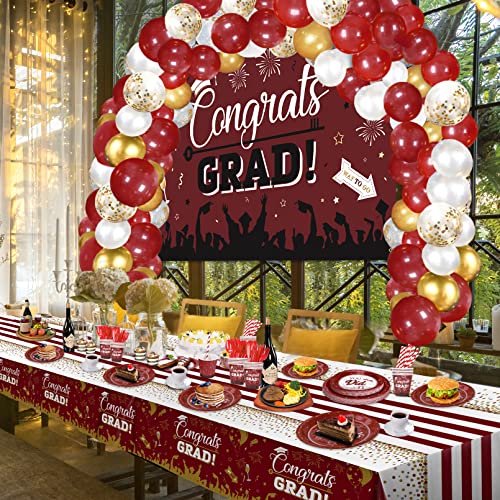 Graduation Decorations for Class of 2023, 80Pcs Graduation Balloons+ 1Pcs Graduation Backdrop Banner+ 2Pcs Graduation Tablecloth Kit for College High School Middle School Graduation Decor- Maroon