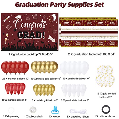 Graduation Decorations for Class of 2023, 80Pcs Graduation Balloons+ 1Pcs Graduation Backdrop Banner+ 2Pcs Graduation Tablecloth Kit for College High School Middle School Graduation Decor- Maroon