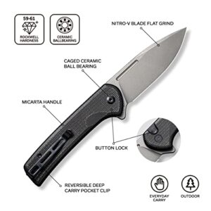 CIVIVI Pocket Knife for EDC, Conspirator Button Lock Folding Knife 3.48" Nitro-V Blade, Black Micarta Handle C21006-1