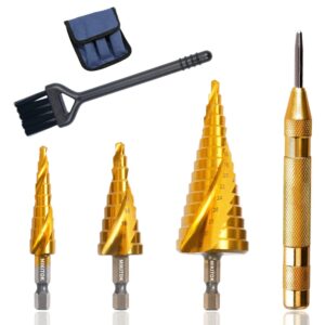 step drill bit set for metal, mikitok(6pcs) hss unibit metric step drill bit set for steel，plastic, wood, sheet metal hole drilling with center punch and cleaning brush(4-12/4-20/4-32mm)