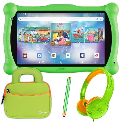 Contixo 7 inch Kids Learning Tablet, Bluetooth Kids Wireless Headphone and Tablet Bag Bundle with with Teacher Approved apps and Parent Control - Green Set